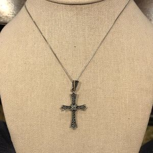 Vintage Marcasite Sterling Silver Cross On Box Chain Necklace 20”